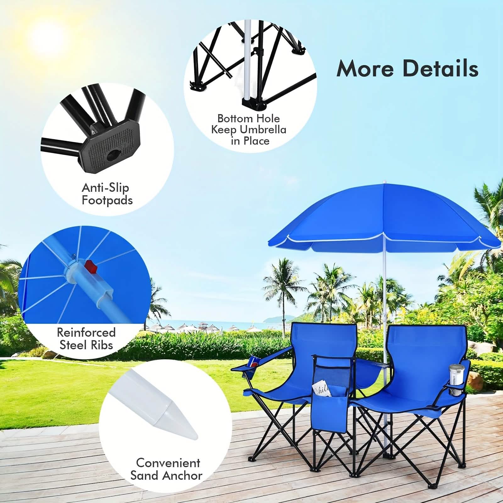 Folding Double Camping Chair with Umbrella (Blue)